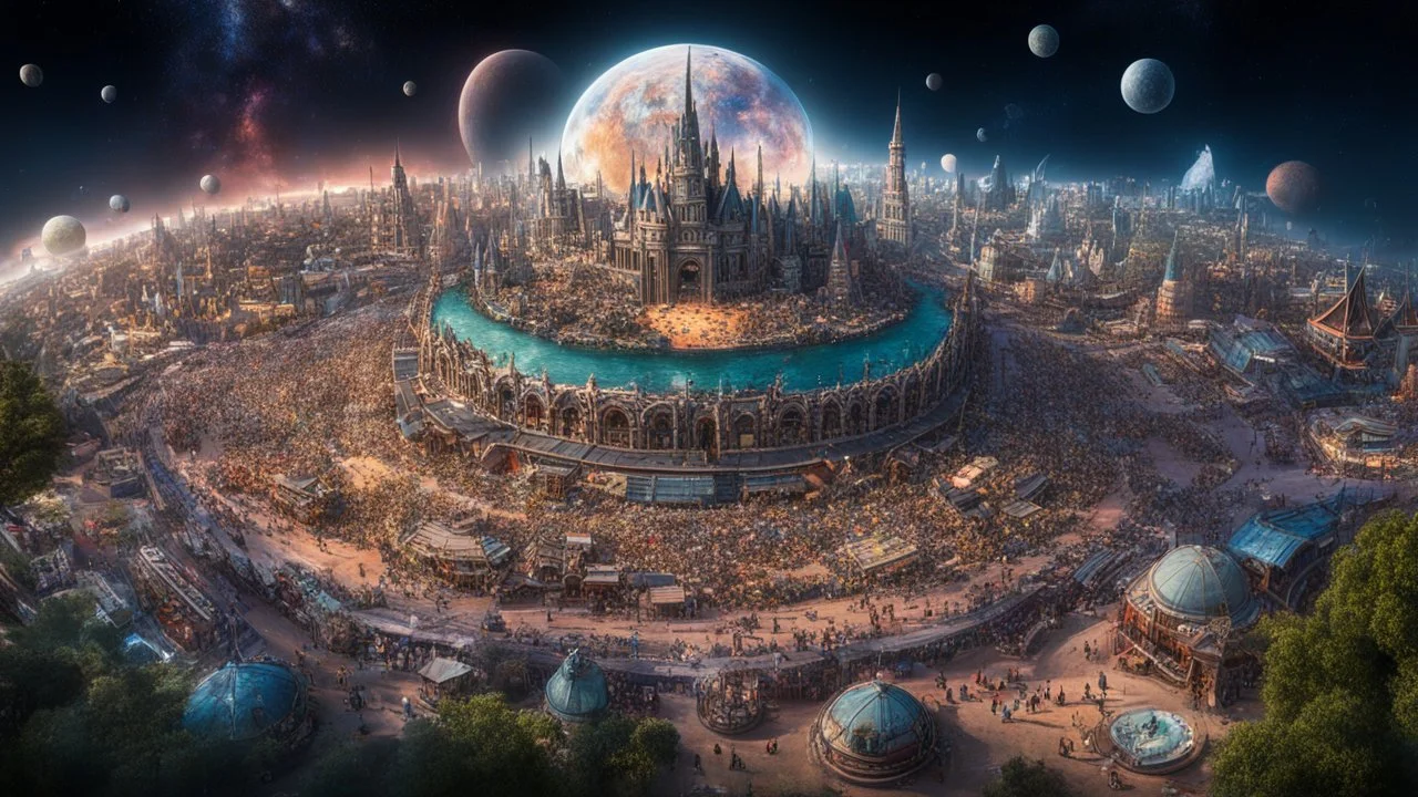Wide-angle photorealistic fantasy cityscape of unearthly delights in the multiverse