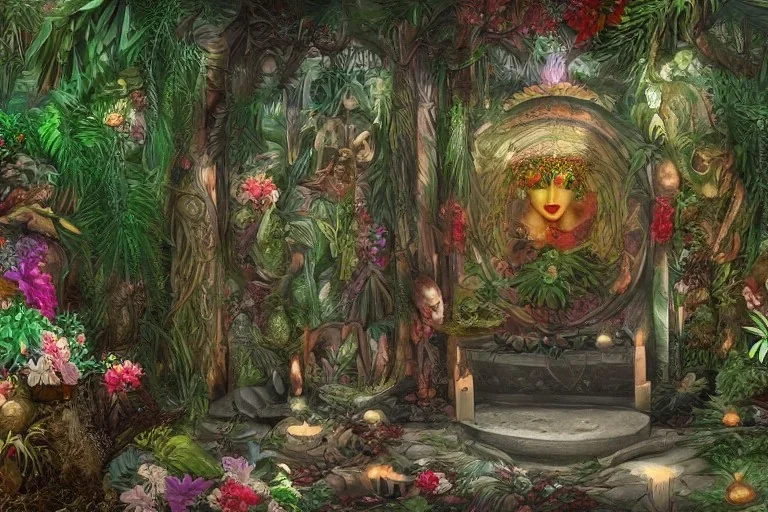 Lilith, Goddess, tropical flowers, heart chamber, crystals, tropical leaves, sacred altar, old temple. Fantasy house.