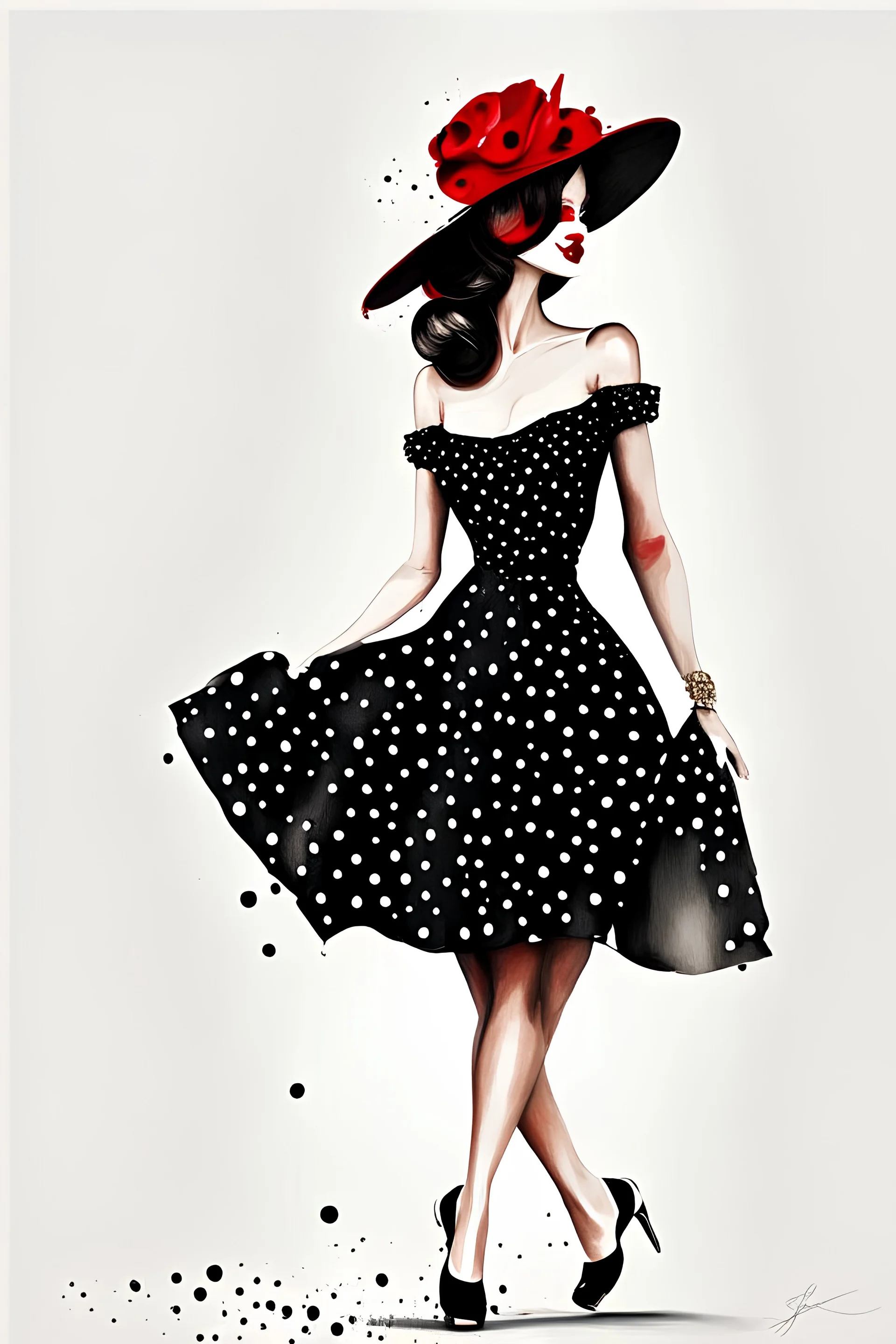 Romantic lady wearing black with white polka dot dress and red hat and high heels, no cropping, white background