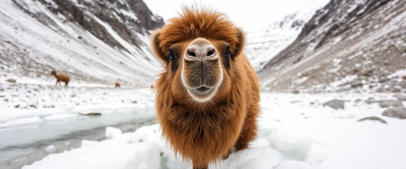 camel pig in the snow and ice at the mountain pass