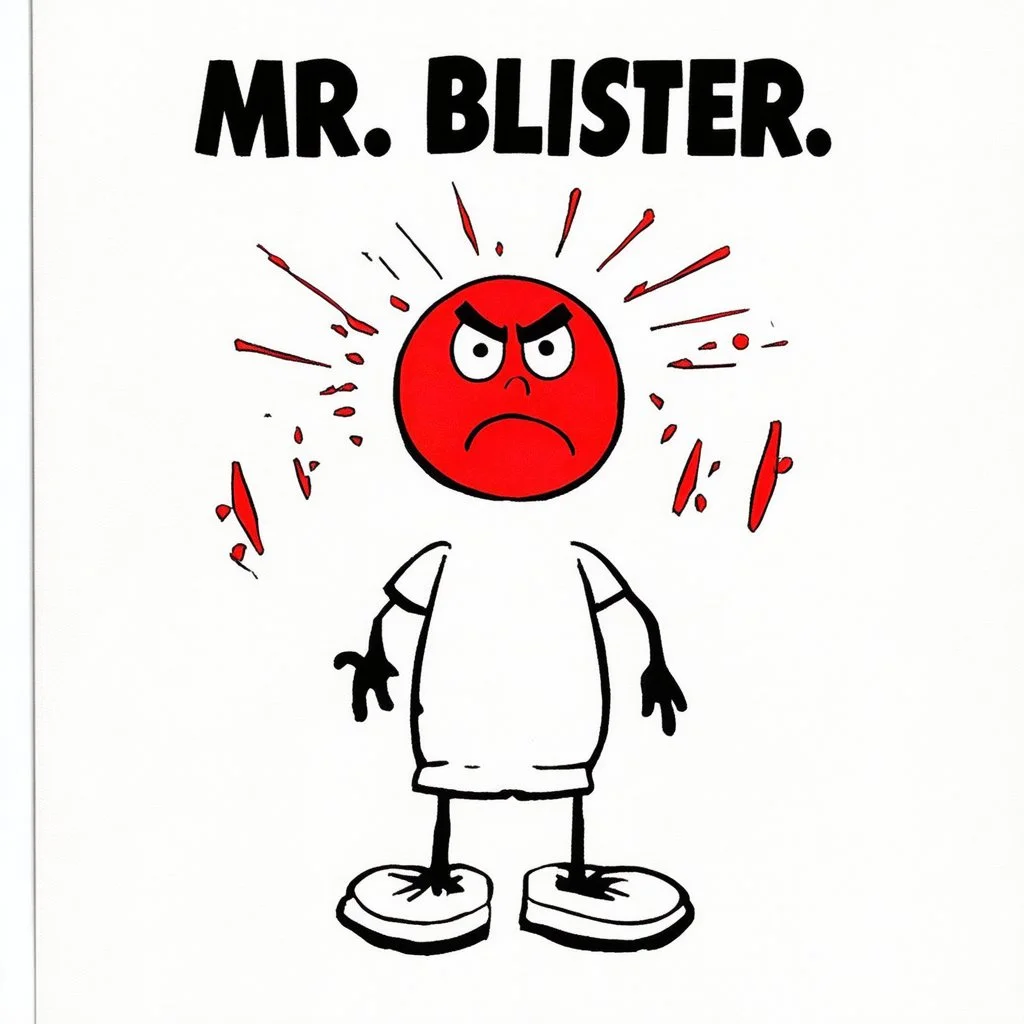 Mr. Men children's book aesthetic title text "Mr. Blister" with a simple color drawing of a whimsical anthropomorphic angry red pulsing blister sore with pain lines emanating, composition in style of Roger Hargreaves, negative white space