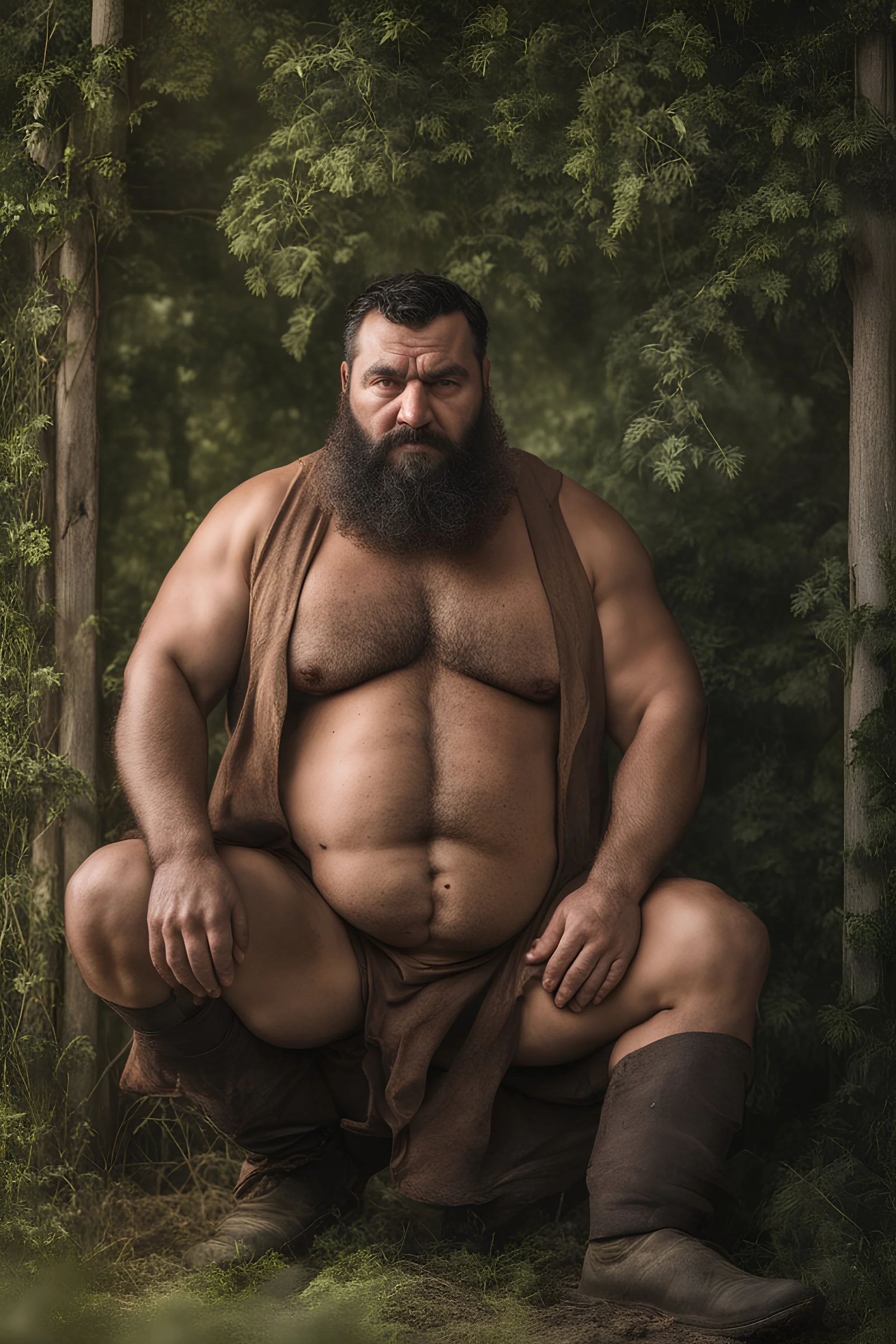 Full human figure shot photo captures a chubby 34-year-old turkish farmer, burly frame with a prominent broken nose, an extensive silver beard cascading down, emanating strength through a muscular, beefy physique, shirtless to reveal a robust chest and wide shoulders, side-lit in a shadowy space, perspective from the ground, photorealistic, ultra clear, dramatic lighting, cinematic.