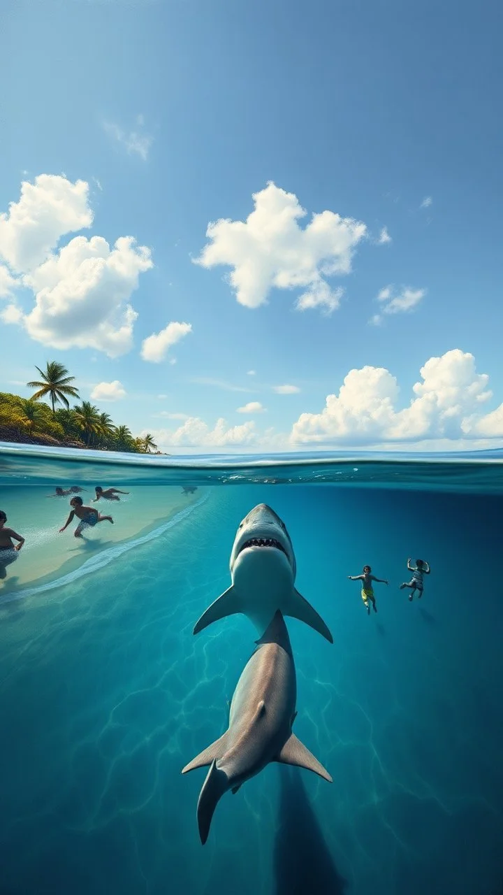 A view of a white shark under the water near a beach where children are swimming , a half view over the water in style painting of Bosch style