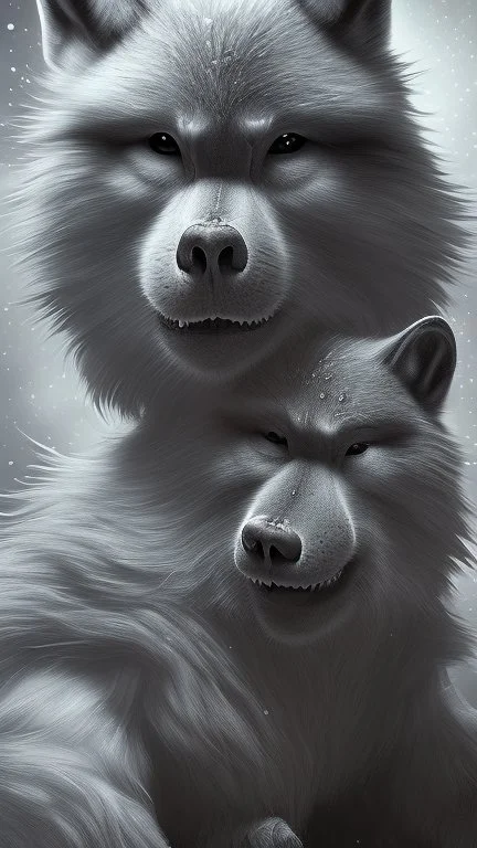 Une créature a l'aspect général d'un primate avec une tête de loup. Son pelage est blanc neige. Il est aveugle et possède un long museau