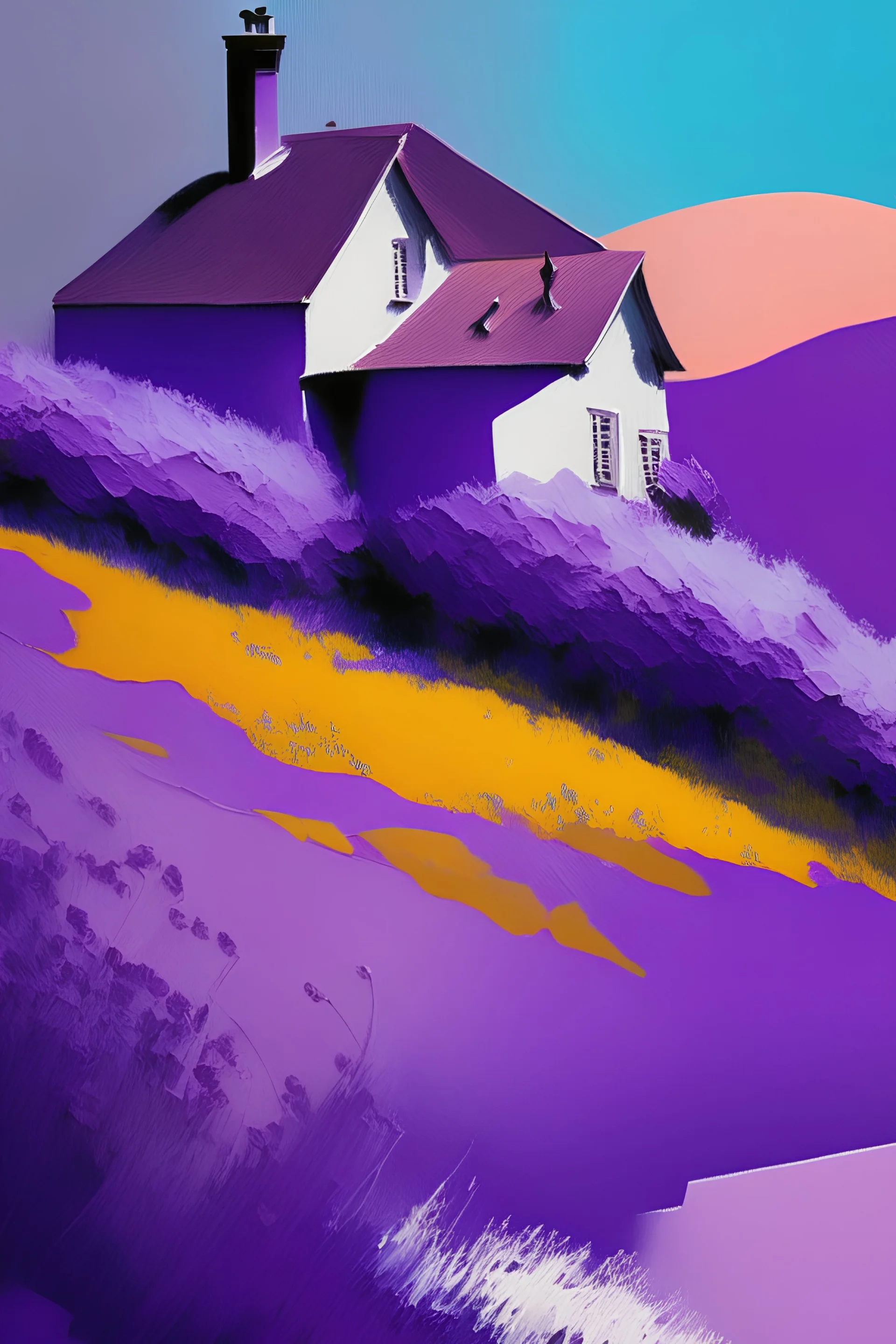 abstract paint, houses, hill, garden lilac backgrund