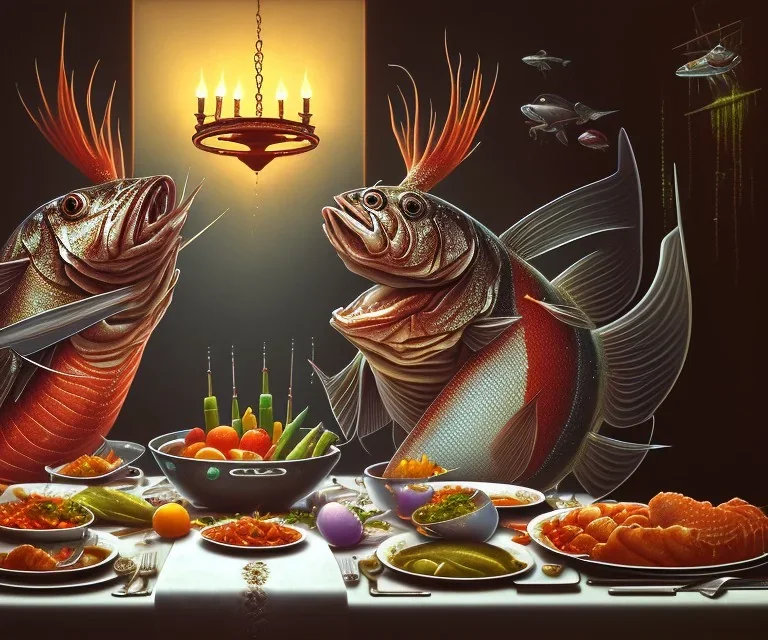 supper, fish sit at the table and eat pieces of people.