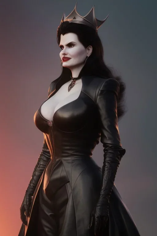 Geena Davis as evil queen in black leather, leather, busty, cleavage, angry, rage, stern look. character design by cory loftis, fenghua zhong, ryohei hase, ismail inceoglu and ruan jia. unreal engine 5, artistic lighting, highly detailed, photorealistic, fantasy