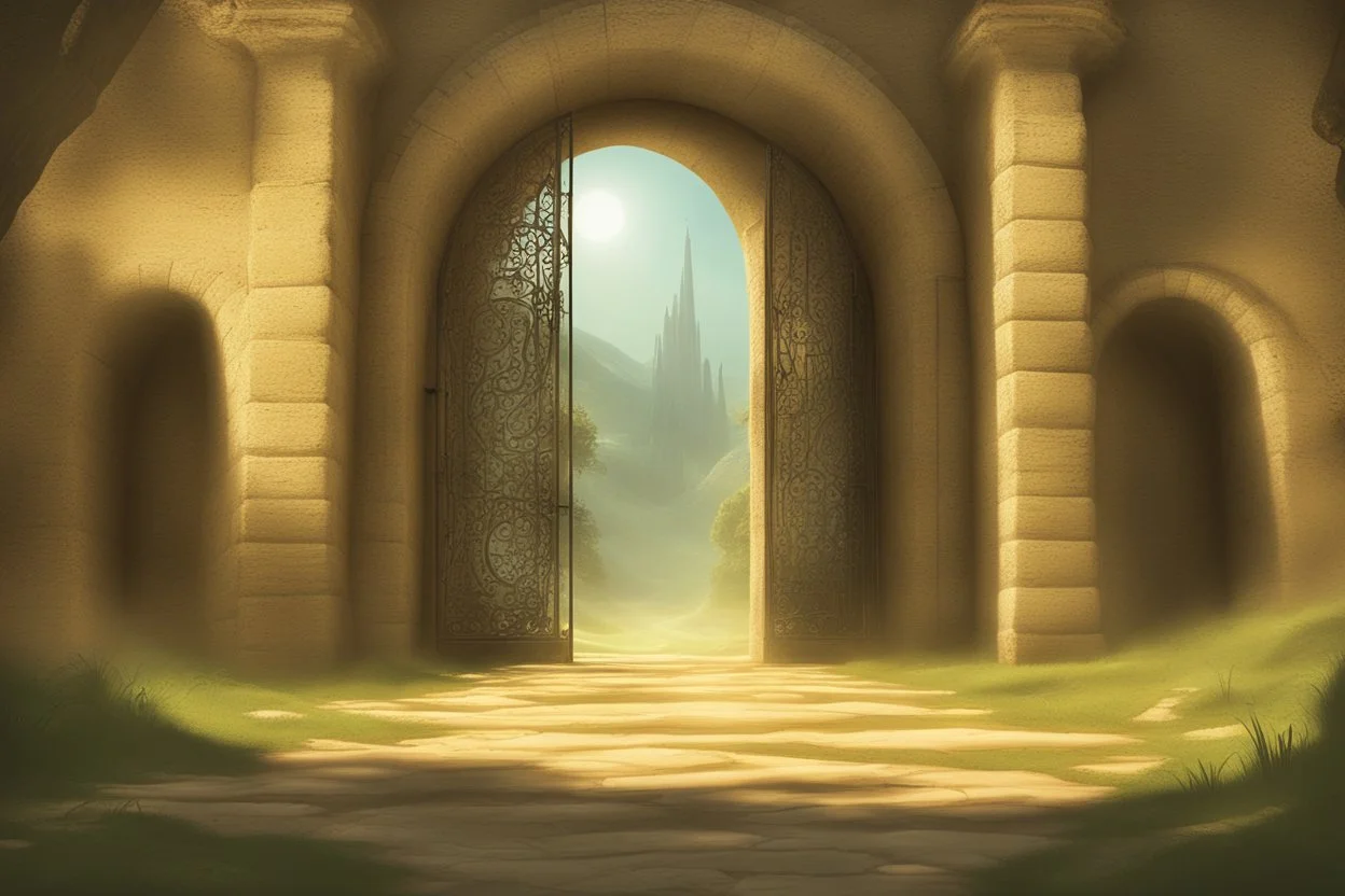 تمثل هذه الصورة لحظة ساحرة تأخذنا في رحلة سفر عبر الزمن. في الأمام، نرى بوابة قديمة مهيبة، مُطلة على ممر طويل من الزمن. تبدو البوابة كمفتاحٍ سحري لعوالم مختلفة، حيث يمكن لمن يمرّ بها أن يعبر إلى عصور مختلفة. تتداخل ضوء الشمس والظلال على الأرض وجدران البوابة بأسلوب ساحر، مما يضفي على المشهد أبعادًا من السحر والغموض. يبدو أن البوابة محاطة بجو من الهدوء والترقب، وكأنها تنتظر المستكشفين الجريئين ليخوضوا تلك التجربة العجيبة. تدفعنا الصورة إلى التأمل في فكرة التواصل مع الماضي والسفر عبر الزمن، حيث يم