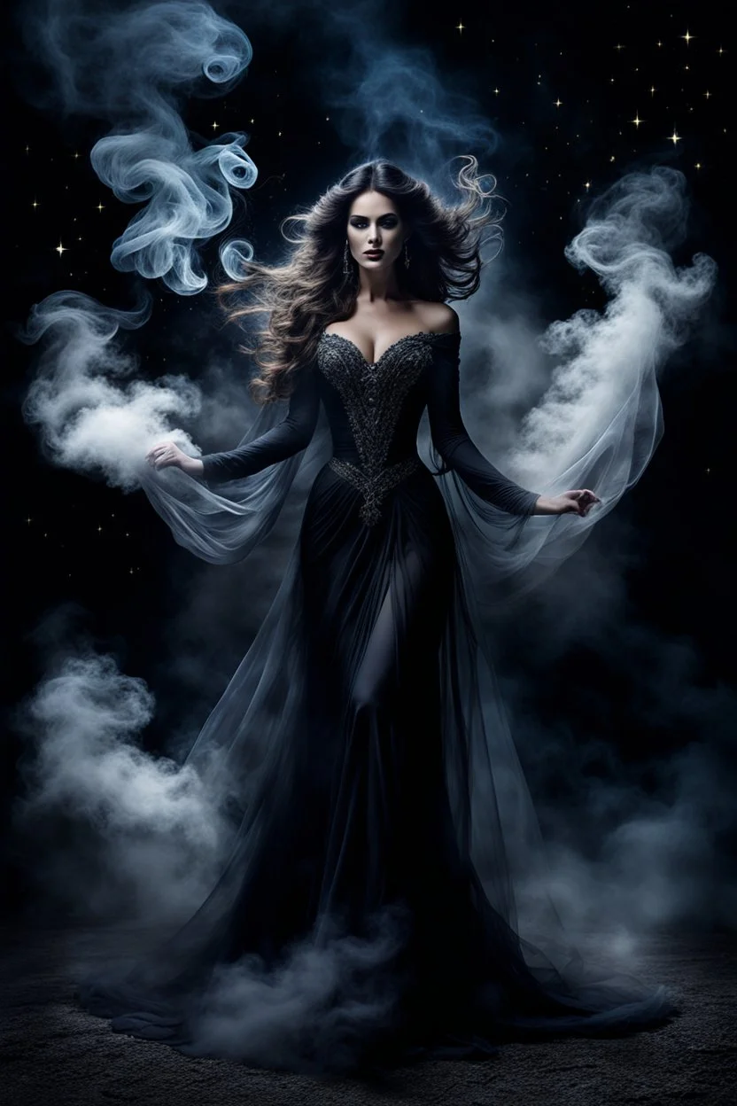 In the depths of the night, a stunningly beautiful demonic woman dressed in a smoke flying gracefully through in the dark smokey night, her every movement seeming to exude an otherworldly allure. The dark and mystic atmosphere is heightened by the smoky background with stars, creating a surreal and hauntingly beautiful scene. The dark colors of her dress blend seamlessly with the fog, making her appear as if she is a part of the very air itself, masterpiece, dark fantasy