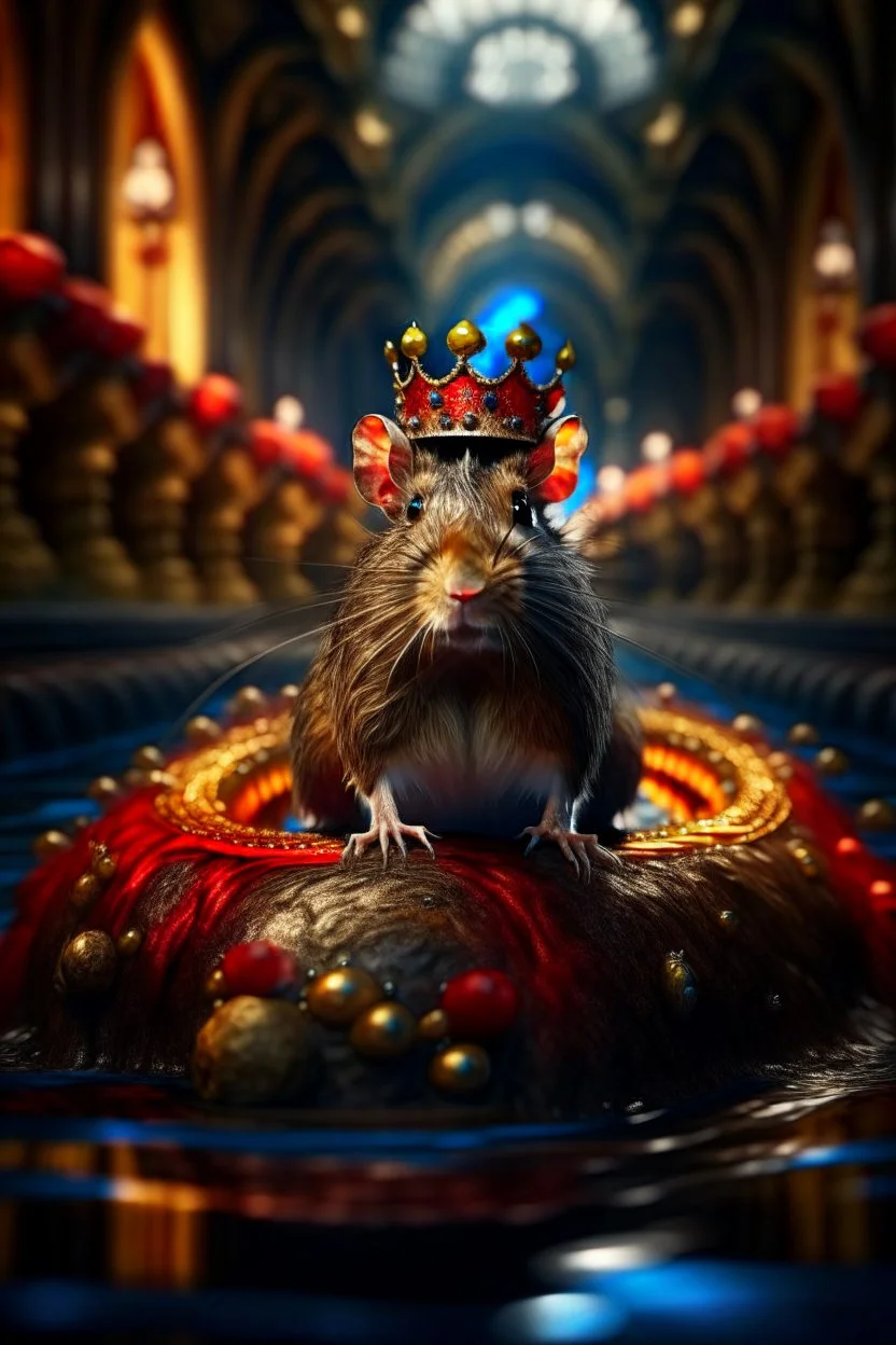 portrait of queen terrifying winged furry rat hovering above water slide on underground bone bridge, wizard fireball in background, in the style of fantasy movies, photo-realistic, shot on Hasselblad h6d-400c, zeiss prime lens, bokeh like f/0.8, tilt-shift lens 8k, high detail, smooth render, down-light, unreal engine 5, cinema 4d, HDR, dust effect, vivid colors