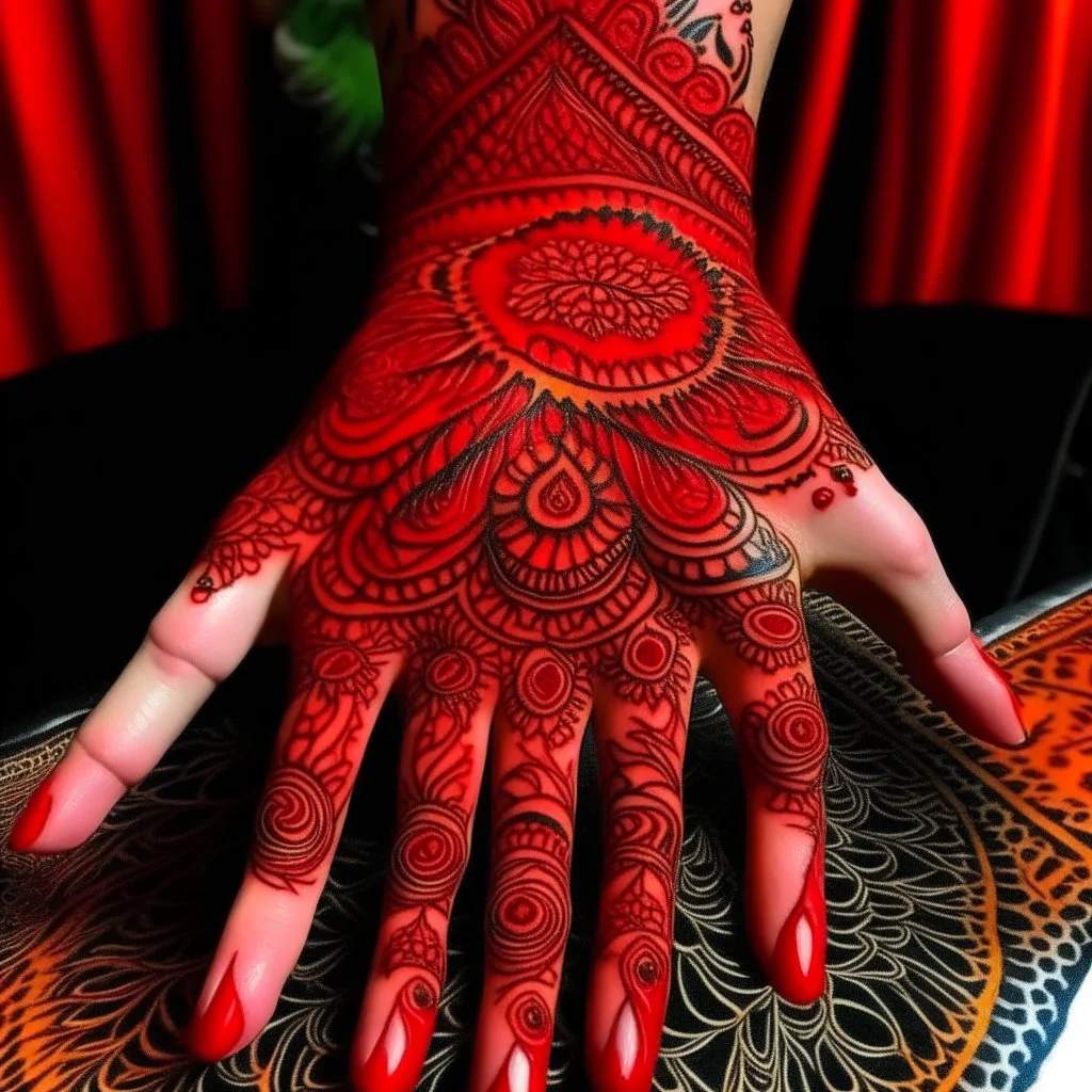 A red fiery volcano designed in Mehndi design