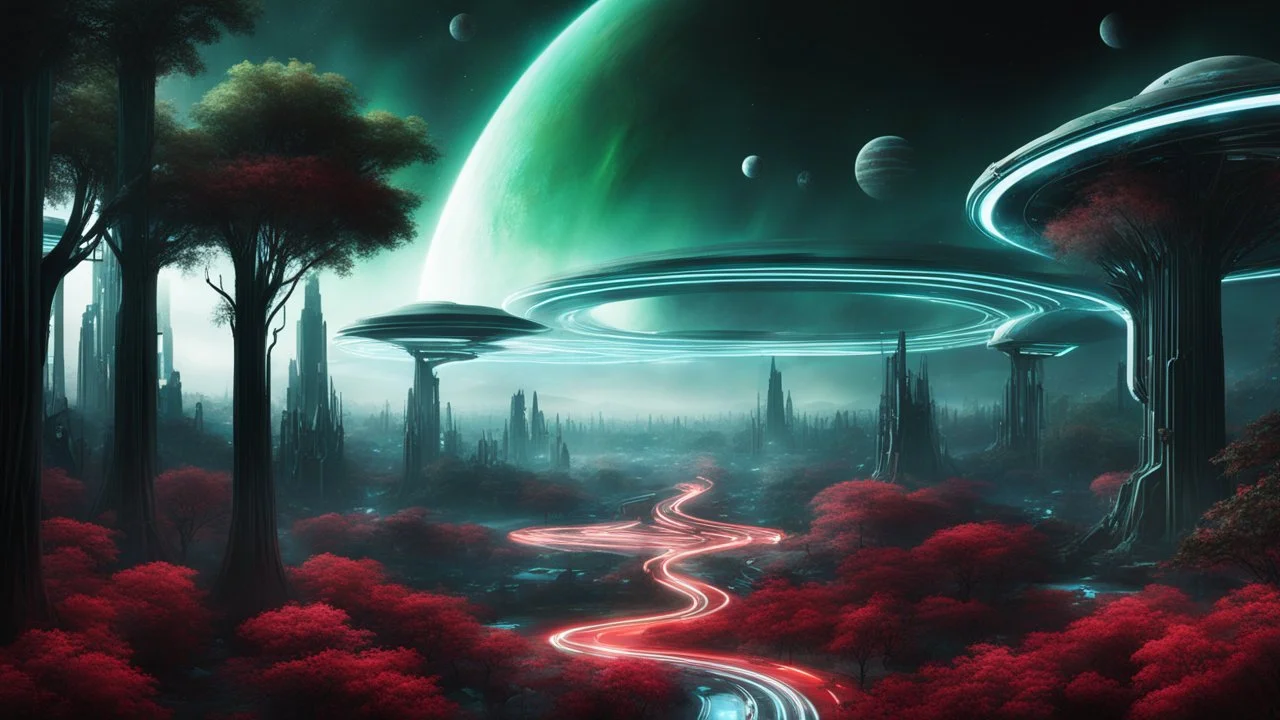 hyper realistic, tron legacy movie, space ships of the future, city of the future, green nad dark red trees , forest, space, planets, god status creations of the universe