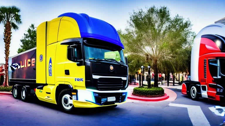 A police Tesla Cybertruck is chasing a Tesla 'Model S Plaid' at top speed, across the 'Islands of Adventure, Universal', in Orlando, Florida. CINEMATIC. WIDE ANGLE LENS.