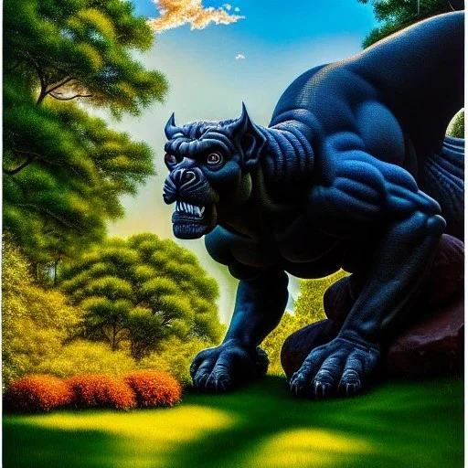 Ultra detailed fullbody Portrait in oil on canvas of stone Goliath Gargoyle on Garden,intense stare,extremely detailed digital painting, extremely detailed face,crystal clear Big glowing eyes, mystical colors ,perfectly centered image, perfect composition, rim light, beautiful lighting,masterpiece,8k, stunning scene, raytracing, anatomically correct, in the style of robert e howard and Ken Kelley and Ohrai Noriyoshi and Simon Bisley and tomzj1