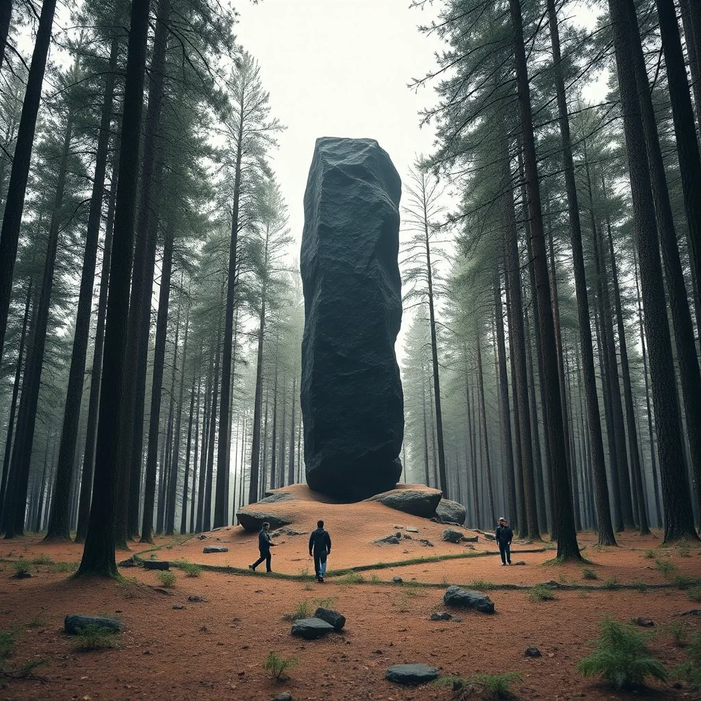 Photograph of a forest, giant and odd black object rises from the earth, details of the stone very accentuated, brutalist style, people, powder, shot on hasselblad h6d400c --ar 85:128 --v 6.0, minimaximalist, detailed, 8k, deep 3d field