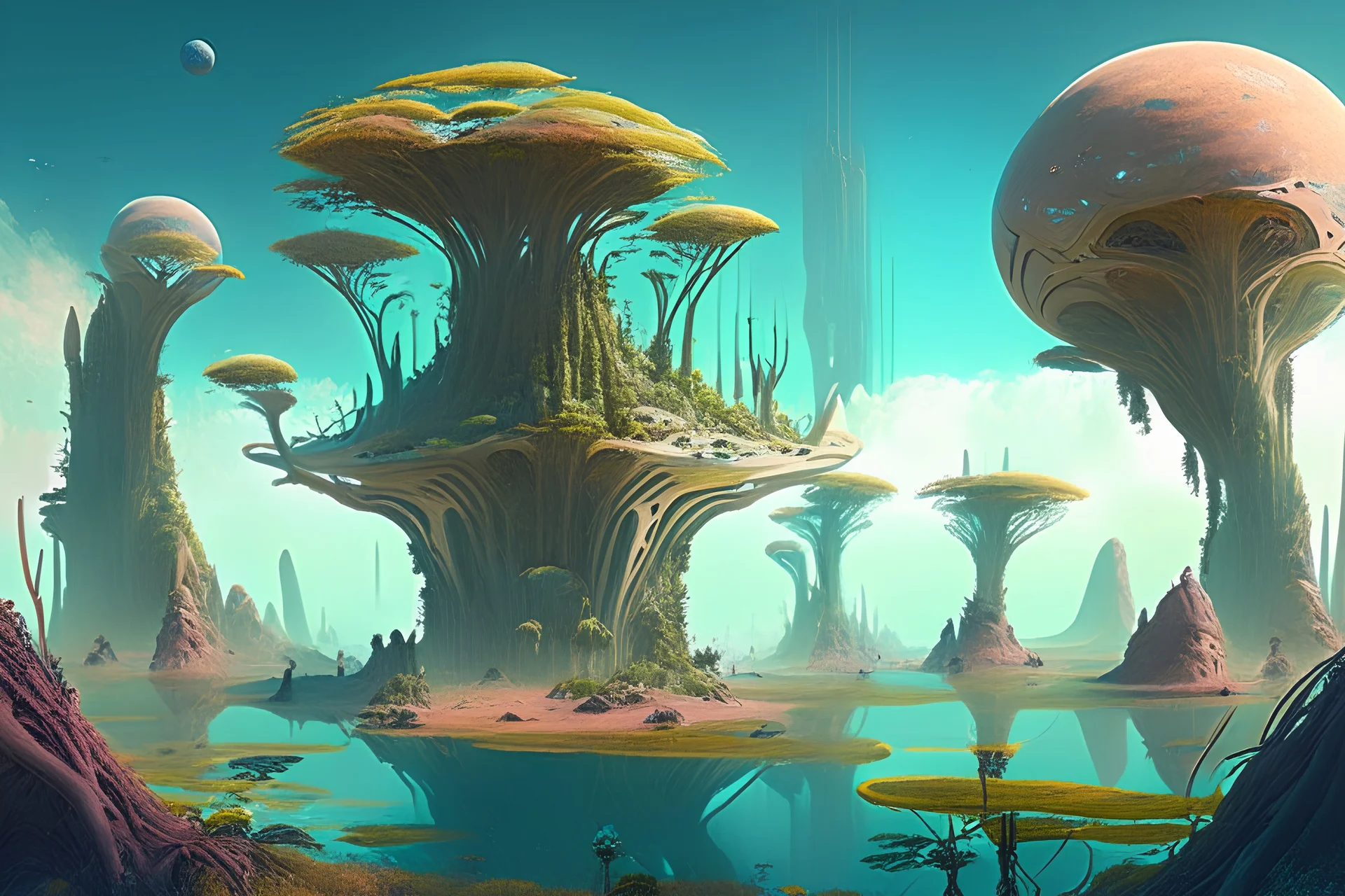 A colossal, alien landscape with towering, organic structures and floating islands, hosting bizarre and captivating flora and fauna, inviting curiosity and wonder.