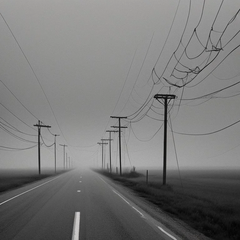 An empty road on a misty day. Telegraph poles and wires. Muted tones. Tilted horizon. With blotches, blurry areas and lens noise and grain. Hyper realistic Photo 4k