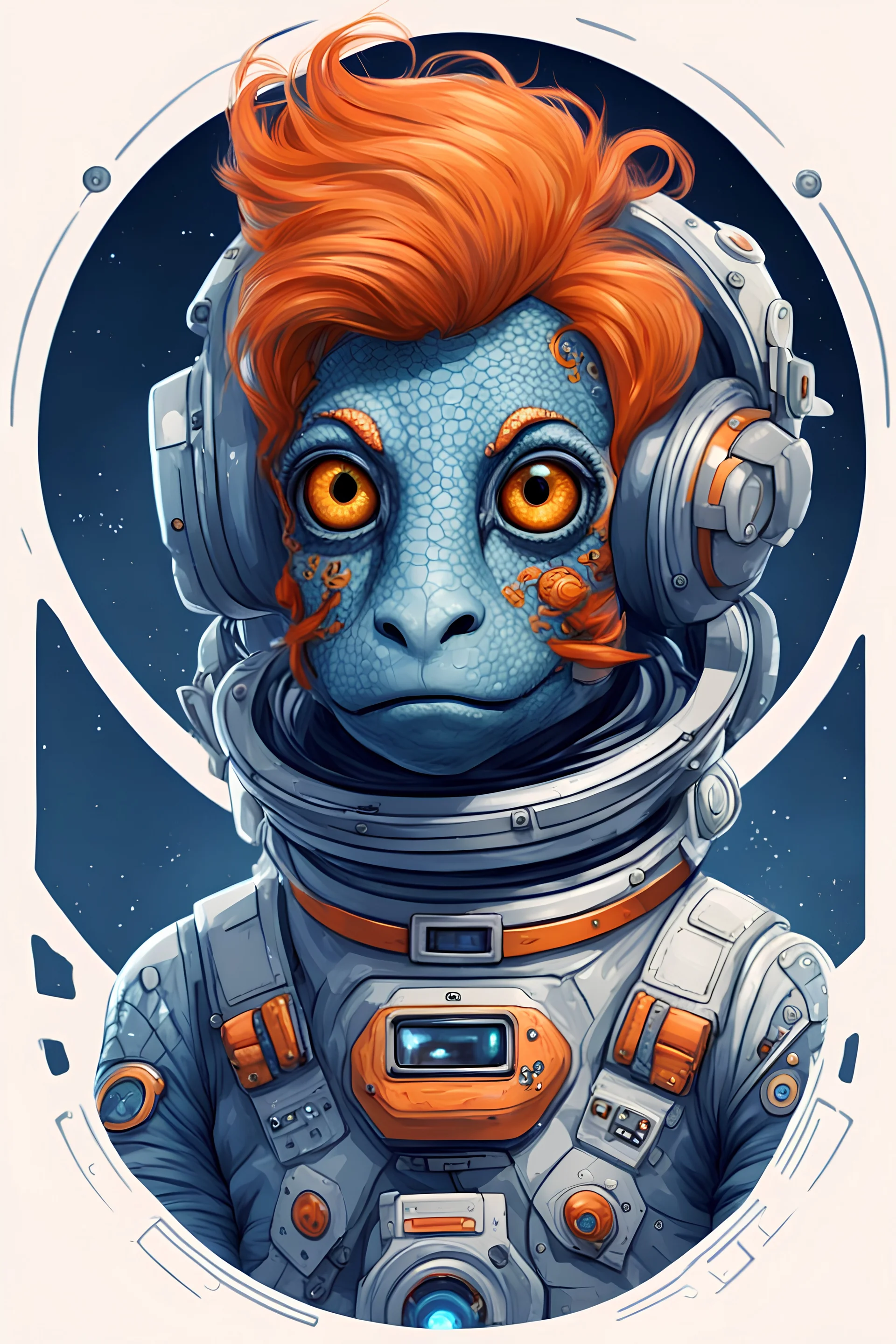 Astronauta reptil color azul, con ojos grandes, cabello anaranjado,con tatuajes y con accesorios tecnológicos. Plano lejano.