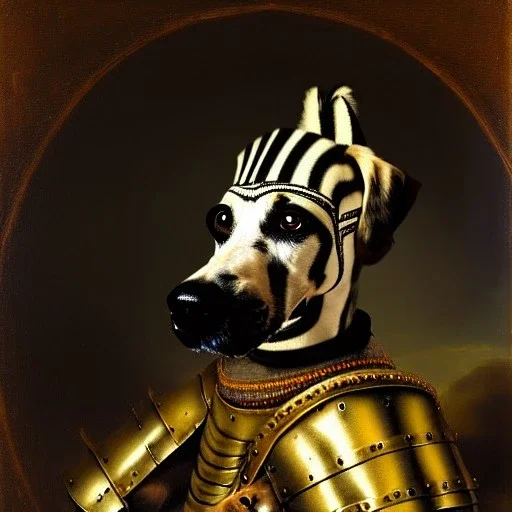 retrato de un perro con armadura montando una zebra con estilo de Rembrandt