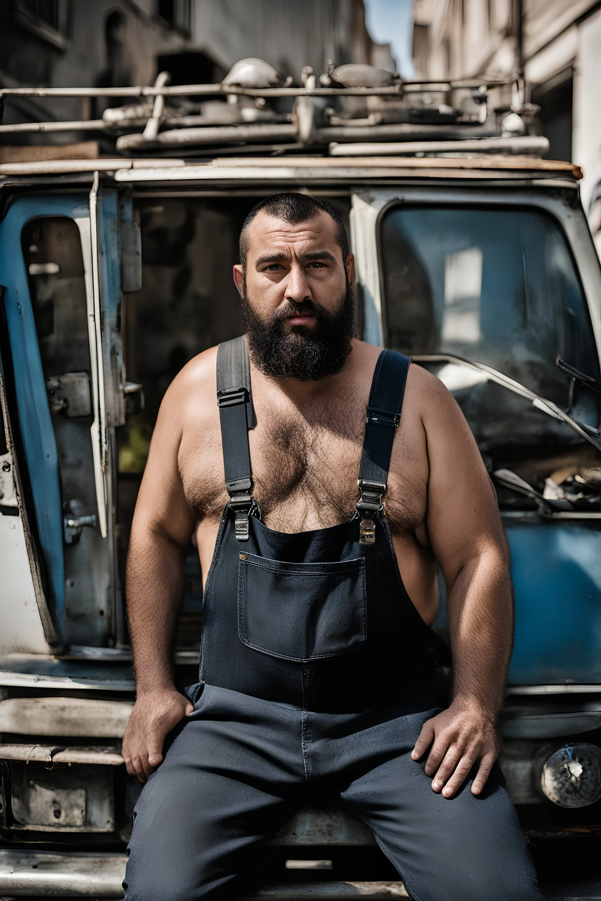 close up photography of an ugly 36 year old chubby robust burly turkish homeless, wearing his work unbuttoned bulging overalls, bulge, shirtless, leaning with his back to his van, arms folded and emotive look, ajar mouth, hairy chest, , very virile, short black beard, shaved hair, sweat, , in a sunny street, photorealistic , frontal view from the ground