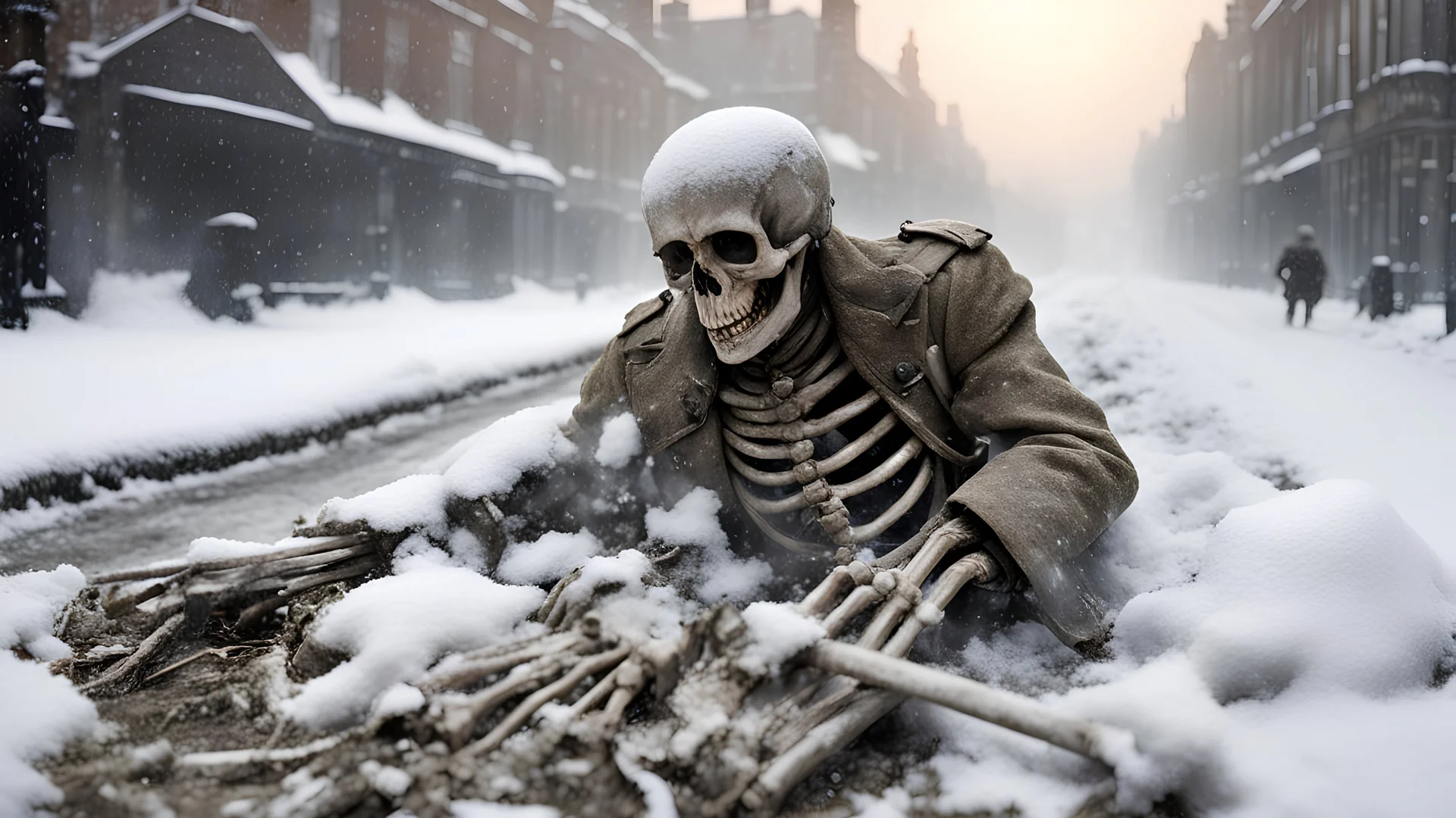 British soldier SKELETON FROM WORLD WAR ONE, half buried in a snowy london street 1898, the snow, alien creature feeds on his corpse, , SNOW ON THE GROUND, BURNING DEBRI LIES ALL AROUND, PHOTO REALISTIC, EPIC, CINEMATIC