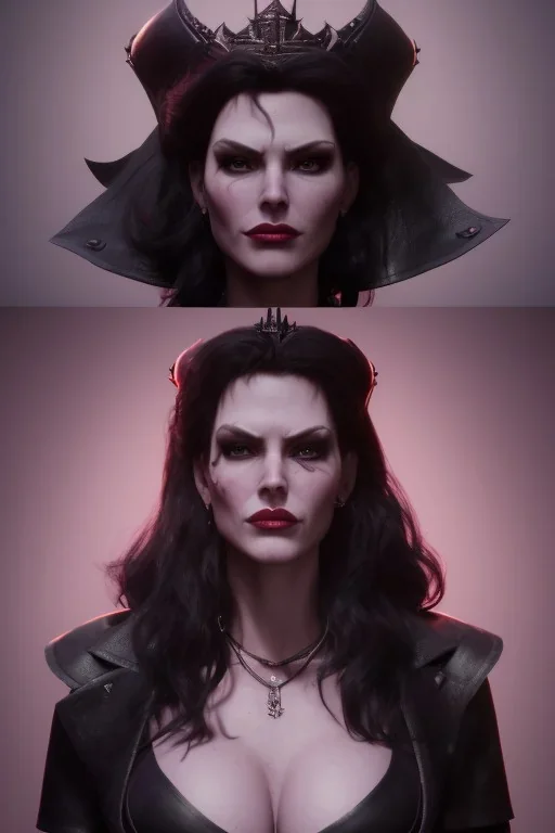 Amy Dumas as evil queen in black leather, leather, busty, cleavage, angry, rage, stern look. character design by cory loftis, fenghua zhong, ryohei hase, ismail inceoglu and ruan jia. unreal engine 5, artistic lighting, highly detailed, photorealistic, fantasy