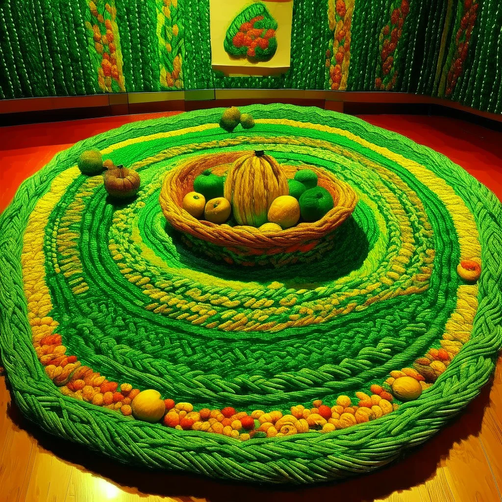 A green land made out of yarn with fruit designed in Navajo woven art painted by Vincent van Gogh