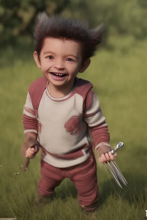 Wolverine toddler, full body, smile, bokeh, hyper realistic