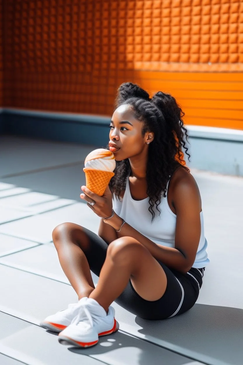 a woman sitting in a basketball court and eating ice cream