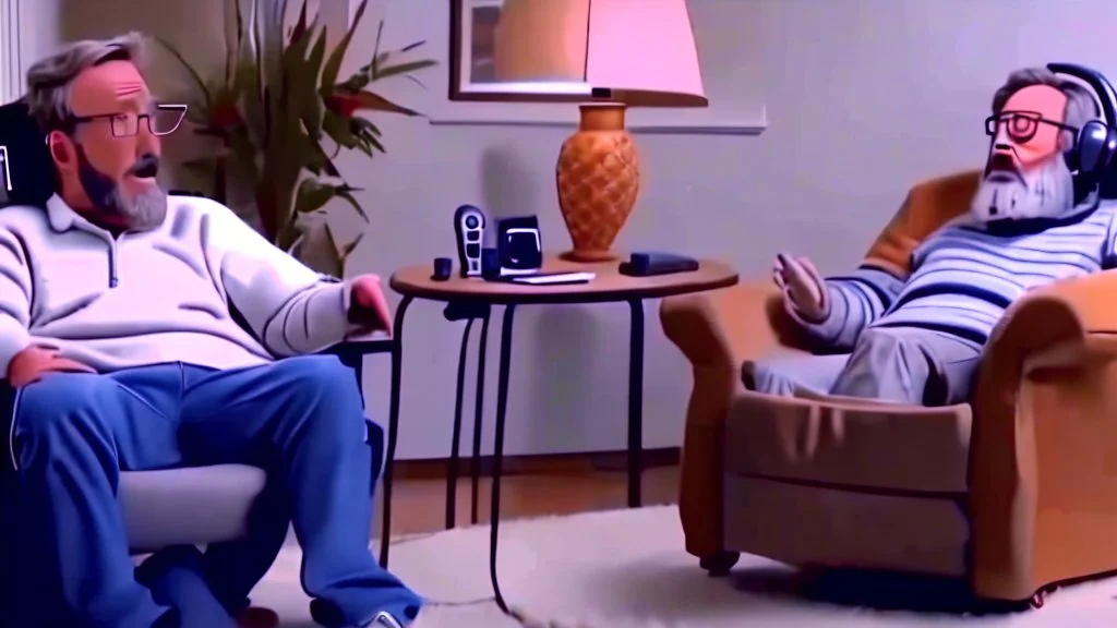 man sitting ALONE in his lazy boy chair at home argues with his AI clone on the phone