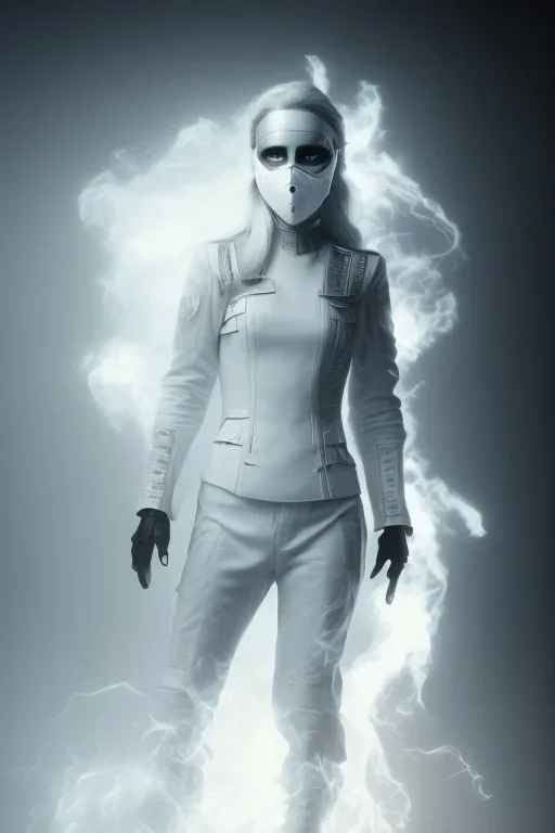 All Black AnnaSophia Robb soldier, ghost, wearing high tech mask, white smoke, dark, rage, sorrow, high definition, ultra 8 k, volumetric lighting, blue fire, fog