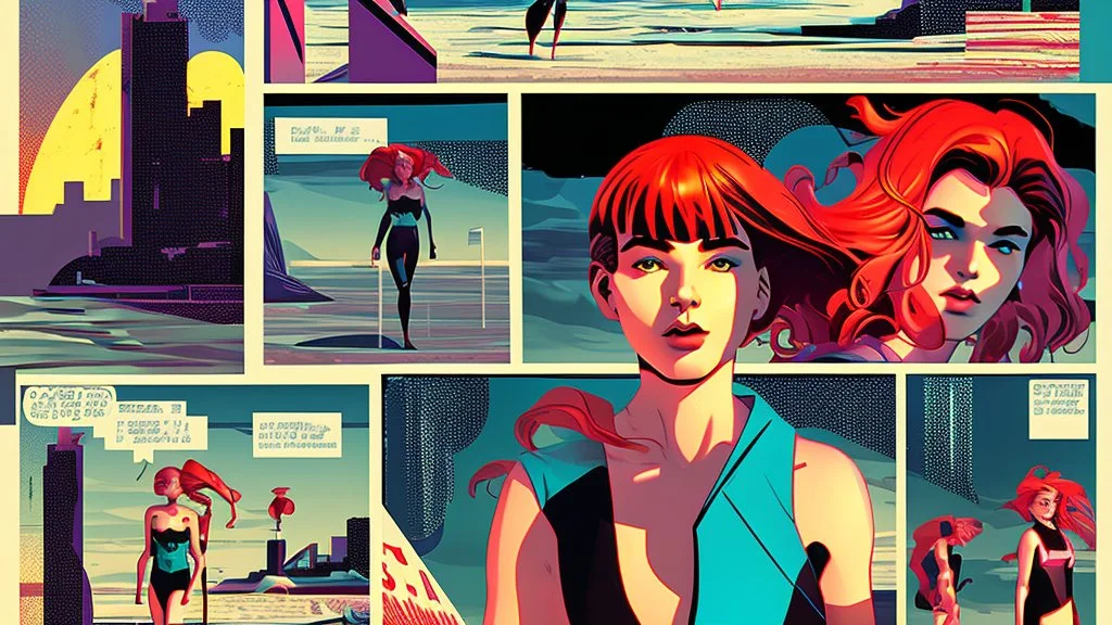 synth-wave beach & city, lone girl, iconic:1.8), comic style
