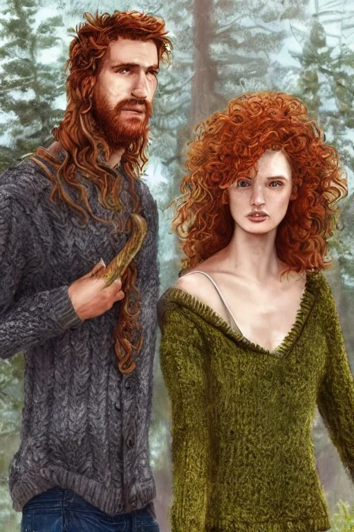 Jeune couple, visage hyper détaillé, réaliste. Forêt fantaisiste détaillée,paysage magnifique, Fille rousse aux cheveux raides et longs, garçon grand, musclé très longs cheveux bruns très bouclés. Fille jean pull, garçon tenue de bûcheron.