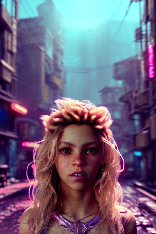 Shakira, artist, 30 years old, Realistic image, waist up portrait, etro style dress. Blonde, loose long hair, eyes make up, perfect, glow, circle iris. Neon colors, leds, geometric shapes. Dark background, photo studio, neon lights. Cyberpunk style, concept art, smooth, unreal engine 5, god lights, ray tracing, RTX, lumen lighting, ultra detail, volumetric lighting, 3d, finely drawn, high definition, 4k.