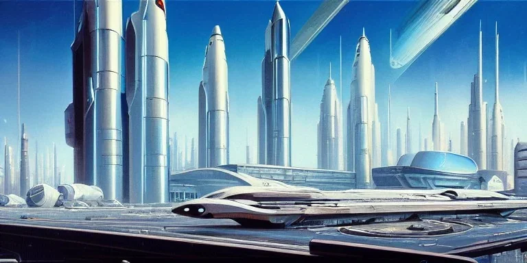 Spaceport on a heavy industrialized planet with futuristic high rise buildings with glass facades in the background and a docked spaceship in the foreground, retrofuturistic, art by John Berkey, brutalist architecture, insanely detailed, vibrant, 8k uhd, cinematic atmosphere, ultra-wide angle, street level view, brush strokes, blue sky with clouds, sharp focus