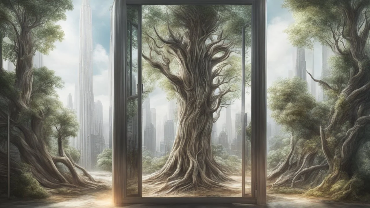 drawing only ona a cabinet 1.45 meters high and 34 meters wide. The last tree, city of the future year 4222, portal in space that's leads to the afterlife, very realistic, 4K