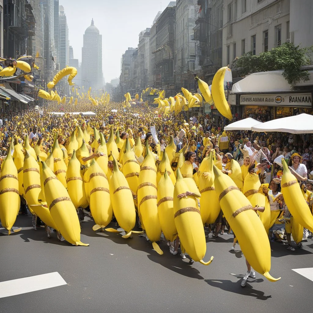 On Banana Appreciation Day, Megcity One turns bright yellow as people wear banana costumes, crowns, and hats. The parade starts with the golden Banana Throne float and dancers dressed as dancing bananas. Huge inflatable bananas bounce above the cheering crowds. Performers play silly “banana games,” from juggling to scooter races and banana bowling.