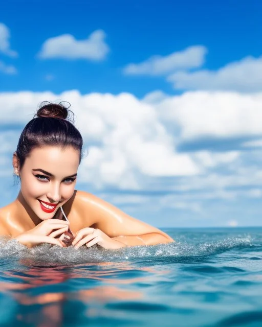 close up shot of very beautiful model girl swimming in water wearing swim suit ,country side ,nice cloudy sky,country houses