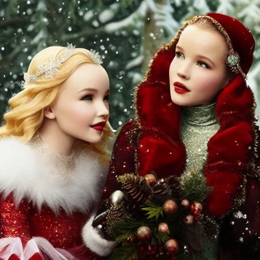 Dove cameron and teen robyn lively, meticulously detailed beautiful faces, meticulously detailed hair; christmas, snow, gothic, sparkles; ethereal fantasy. hues of christmas. hideo kojima. realistic oil painting. victorian era, glitter, snowflakes, holly, pinecones, old fashioned, vintage, antique, beautiful, renaissance, 16k