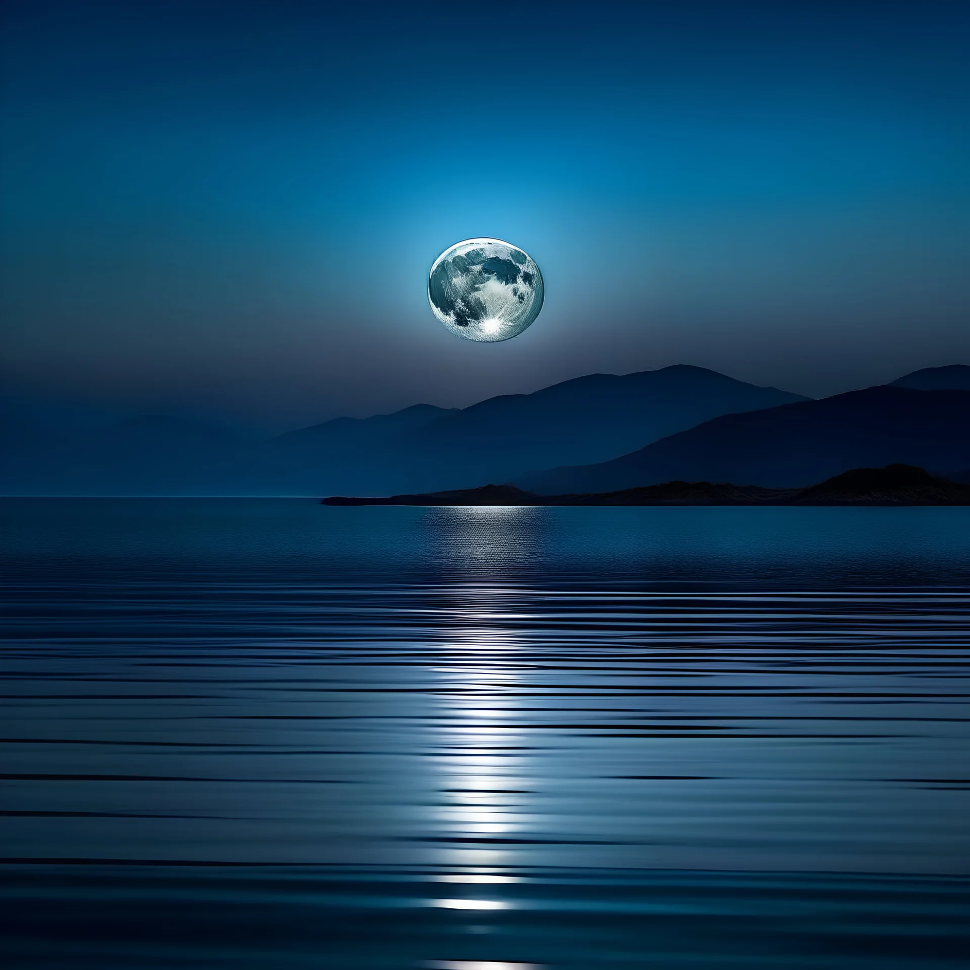 Luna llena sobre el mar, montañas de fondo, ambiente tranquilo
