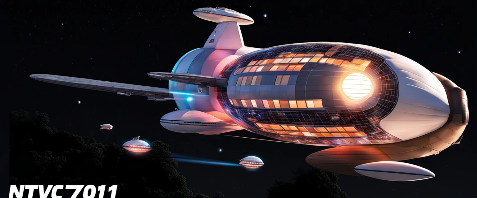 dirigible NCC 1701 hybrid, retrofuturistic, phototrealism, united federation of planets camper blimp