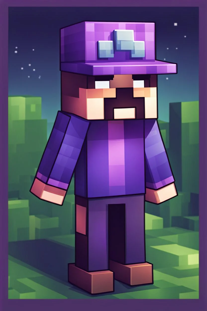 a profile picture of a purple Minecraft block face, cute, farmer clothes, 2d, large pixel style