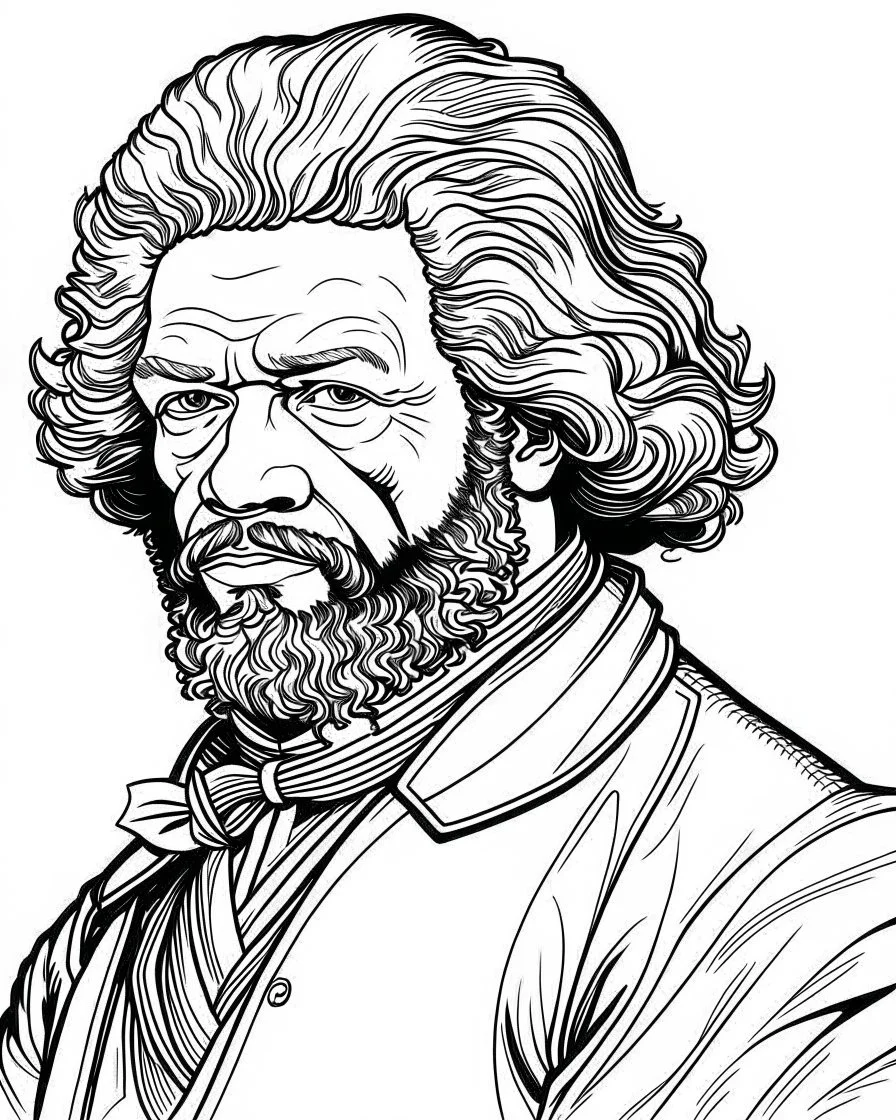 Frederick Douglass, b&w line art style fashion, preppy style, simple line art, one line, line art, line drawing style, white background, picture, coloring book style on white background, well composed, clean coloring book page, No dither, no gradient, strong outline, No fill, No solids, vector illustration, –ar 9:11 –v 5