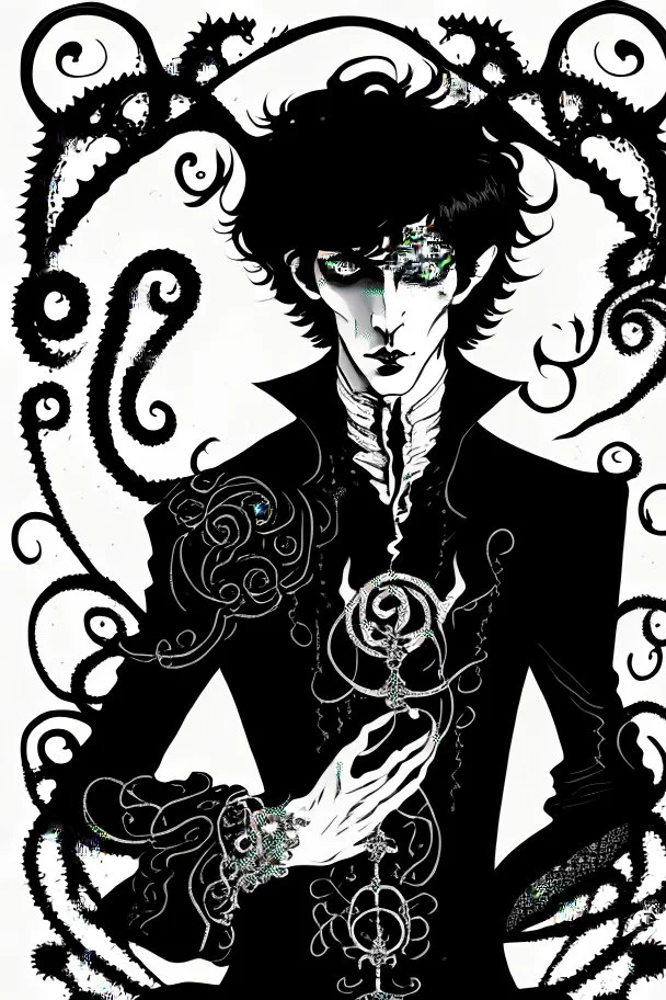 black haired young man necromancer wizard with gothic jewelry and tentacle fingers in the style of Aubrey Beardsley