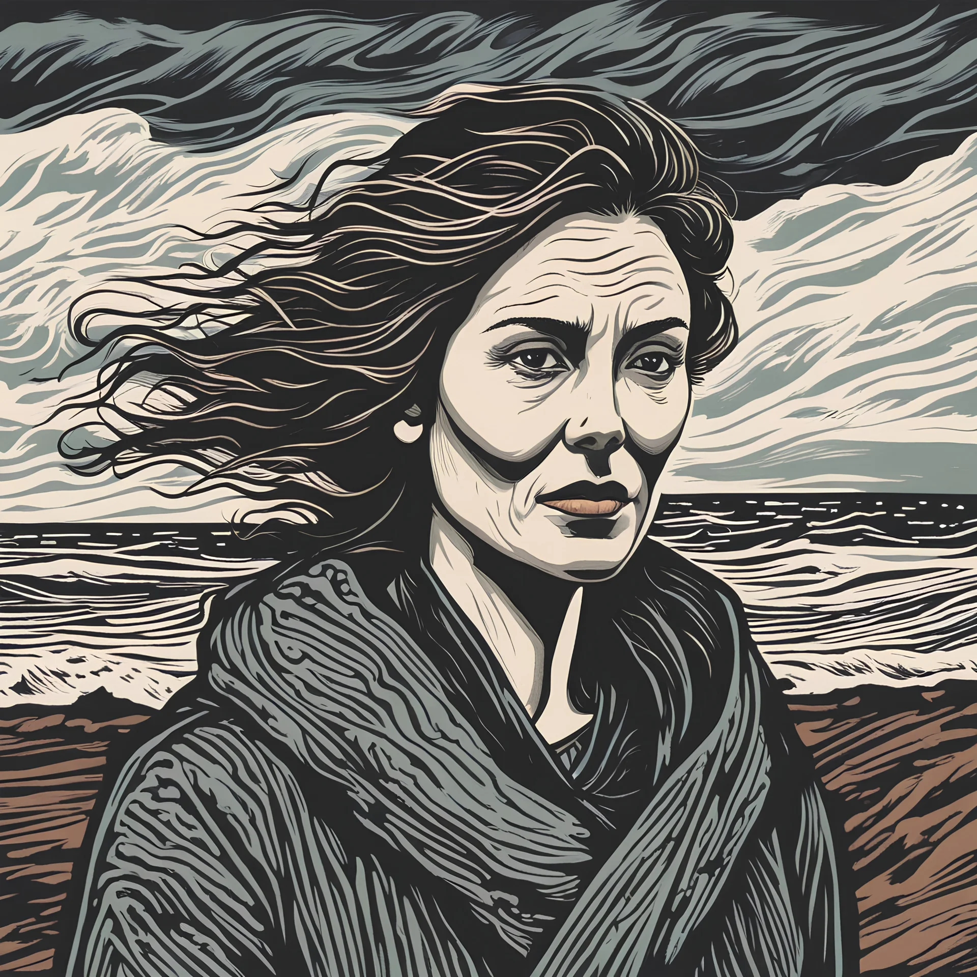 A portrait of a woman in the coast of Devon at stormy weather painted by fine linocut