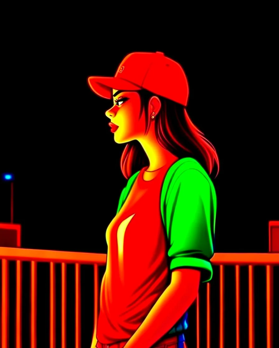 woman with a red baseball hat. leaning on a wooden balcony. night time. fantasy. anime.