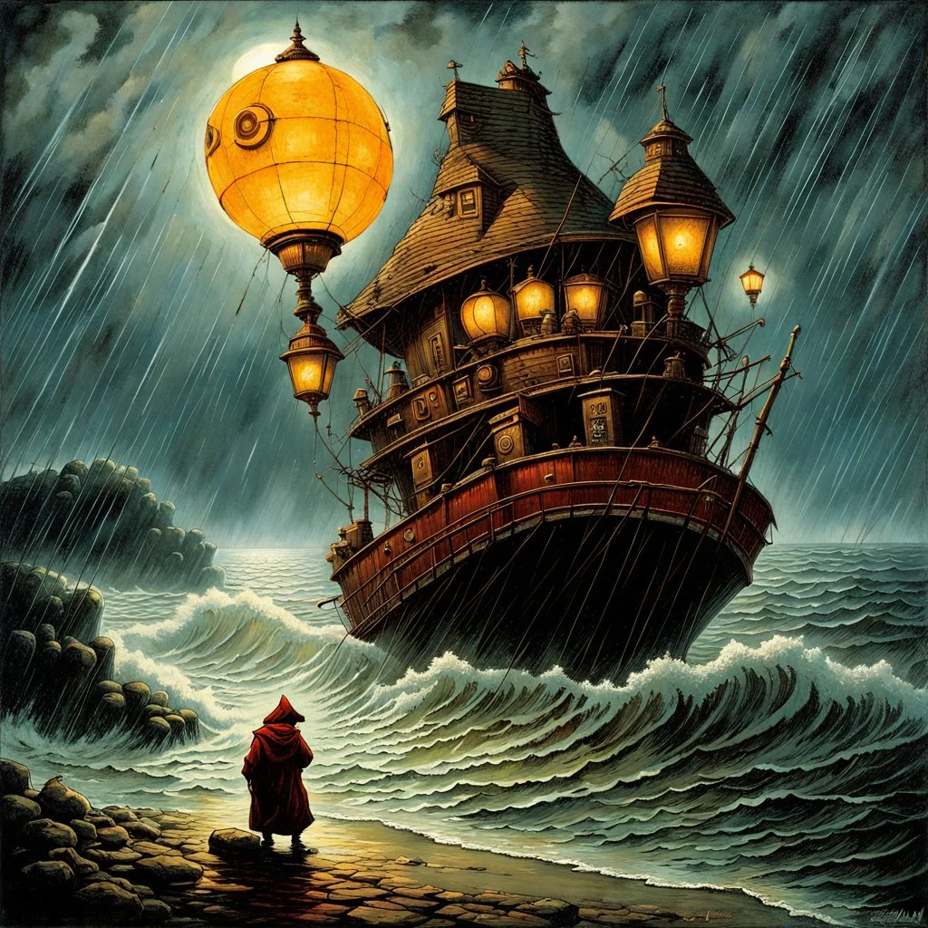 Surreal massive cyclops with a biomechanical oculus emitting beams of light agonizingly stumbling through the shoreline dragging large lanterns behind it, nighttime in a windy rainstorm, by Jean Baptiste Monge, by Dave Kendall, dramatic, kinetic, eerie dark primary colors, matte oil painting, intricate complex detail, horror art.