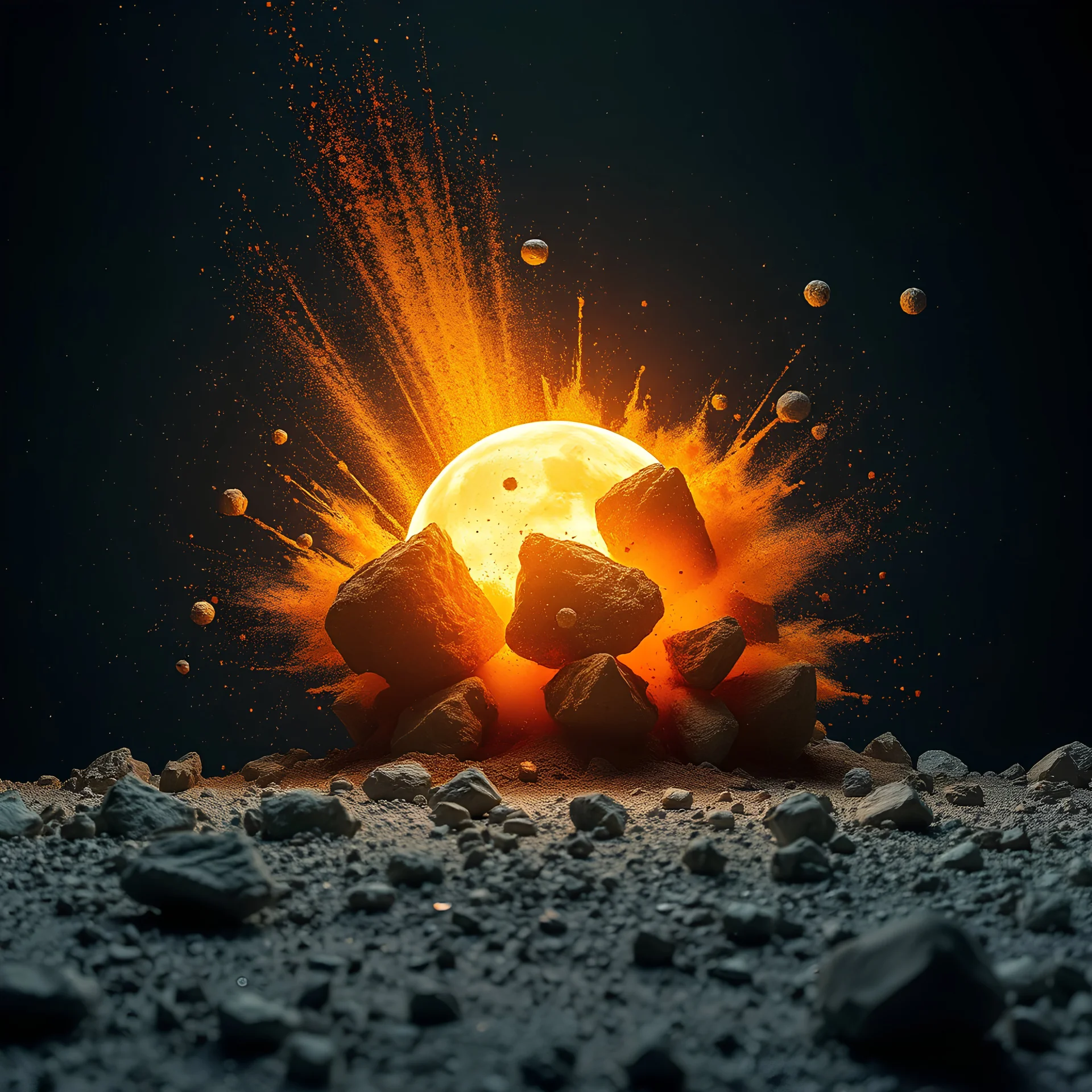 rocks exploding from orb with big yellow orange glow sending dust, pebbles, and small rocks into space