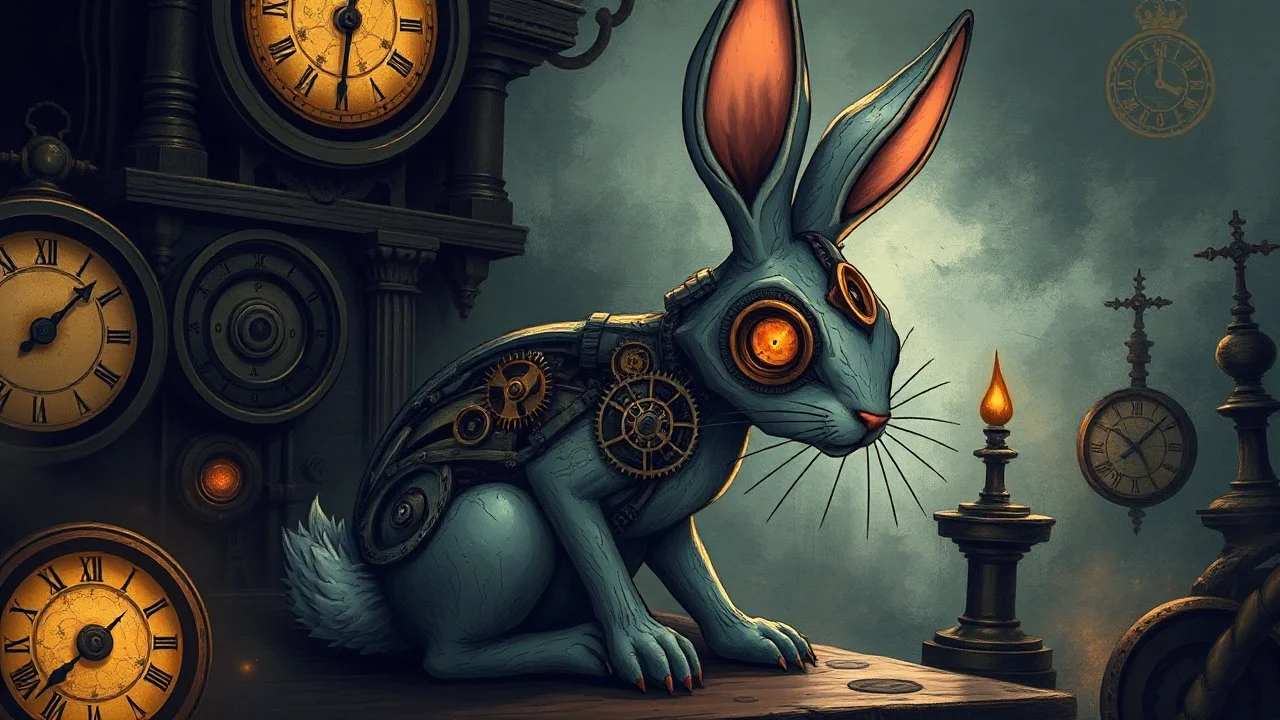 A clockpunk illustration of a sinister bunny with intricate gears and mechanical parts integrated into its design. The bunny is depicted in a dark and eerie setting, surrounded by vintage clockwork machinery and mysterious symbols. The overall atmosphere is sinister and unsettling, with a steampunk-inspired aesthetic.