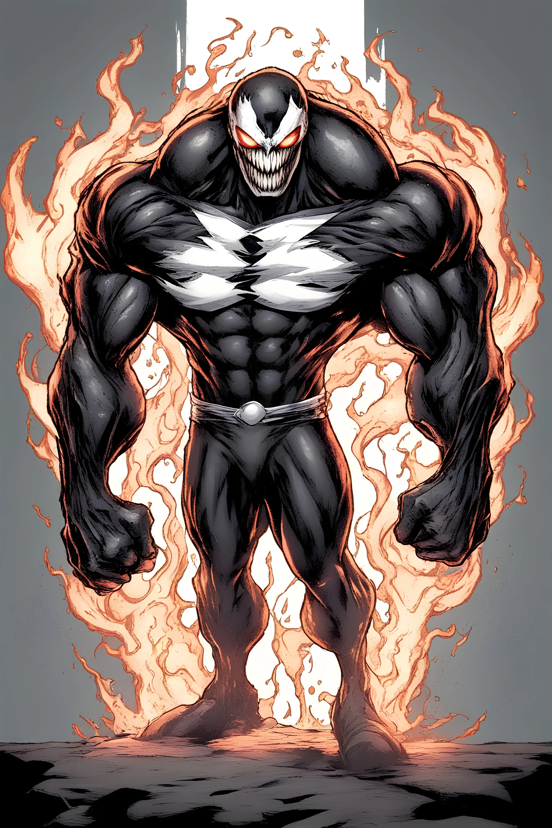 Imagine a strong, confident supervillain drawn in a black and white manga style. He's a mix of Venom, Alien X, Joker, and Ghost Rider. This villain is muscular with 10 abs, powerful arms, legs, and a sturdy neck. His eyes are fiery and his jawline is strong. He stands tall, radiating power, and smirks menacingly. The spikes on his shoulders, elbows, eyebrows, and head are like orange lava. These details create a dangerous vibe. The art is hand-drawn with delicate touches, capturing his feature